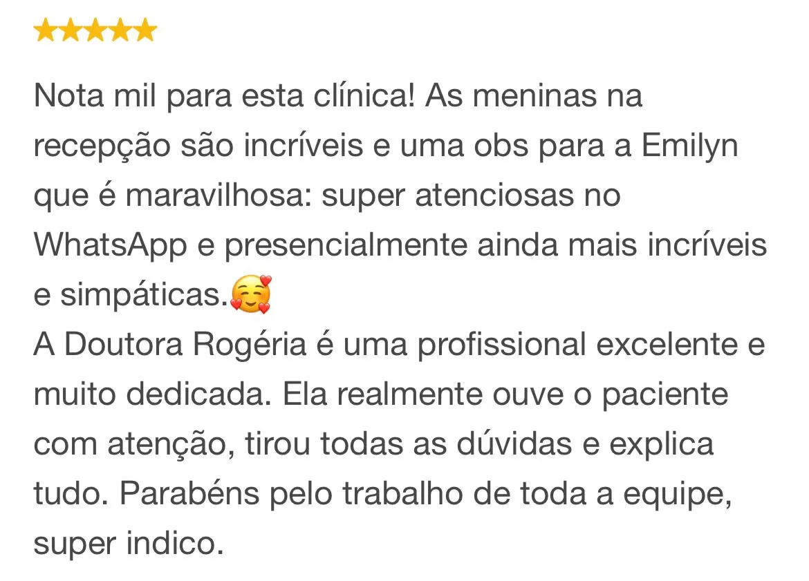 Avaliação 5 estrelas de paciente no Google elogiando a dedicação, escuta atenta e esclarecimento de dúvidas